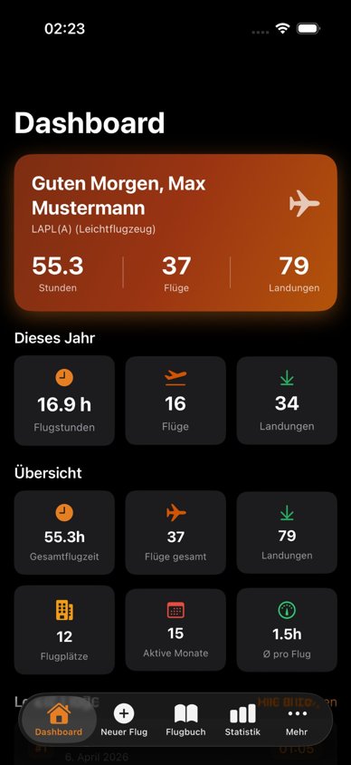 Selenny Flugbuch Dashboard Dark Mode