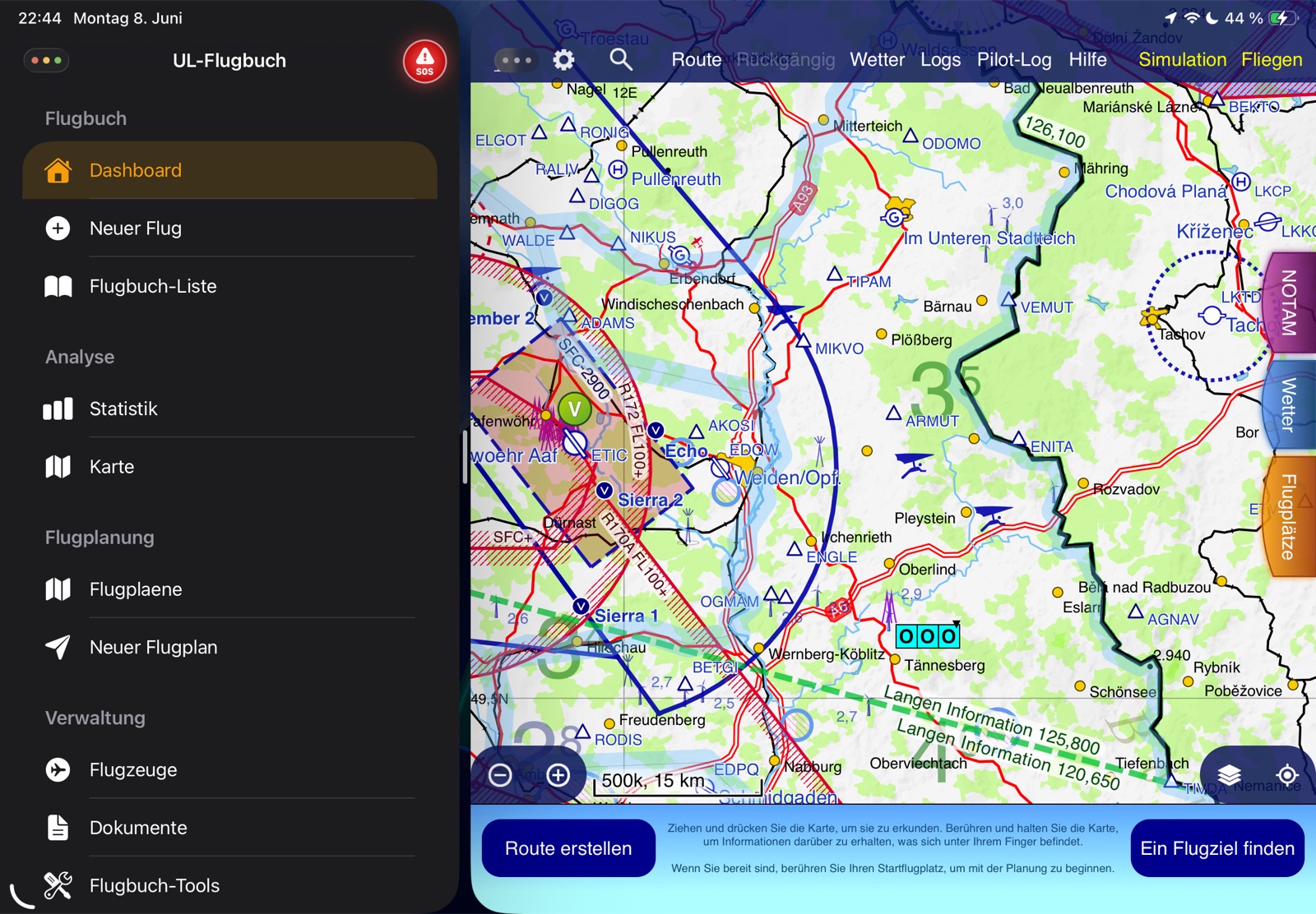 iPad Splitview: UL-Flugbuch + SkyDemon Cockpit-Setup